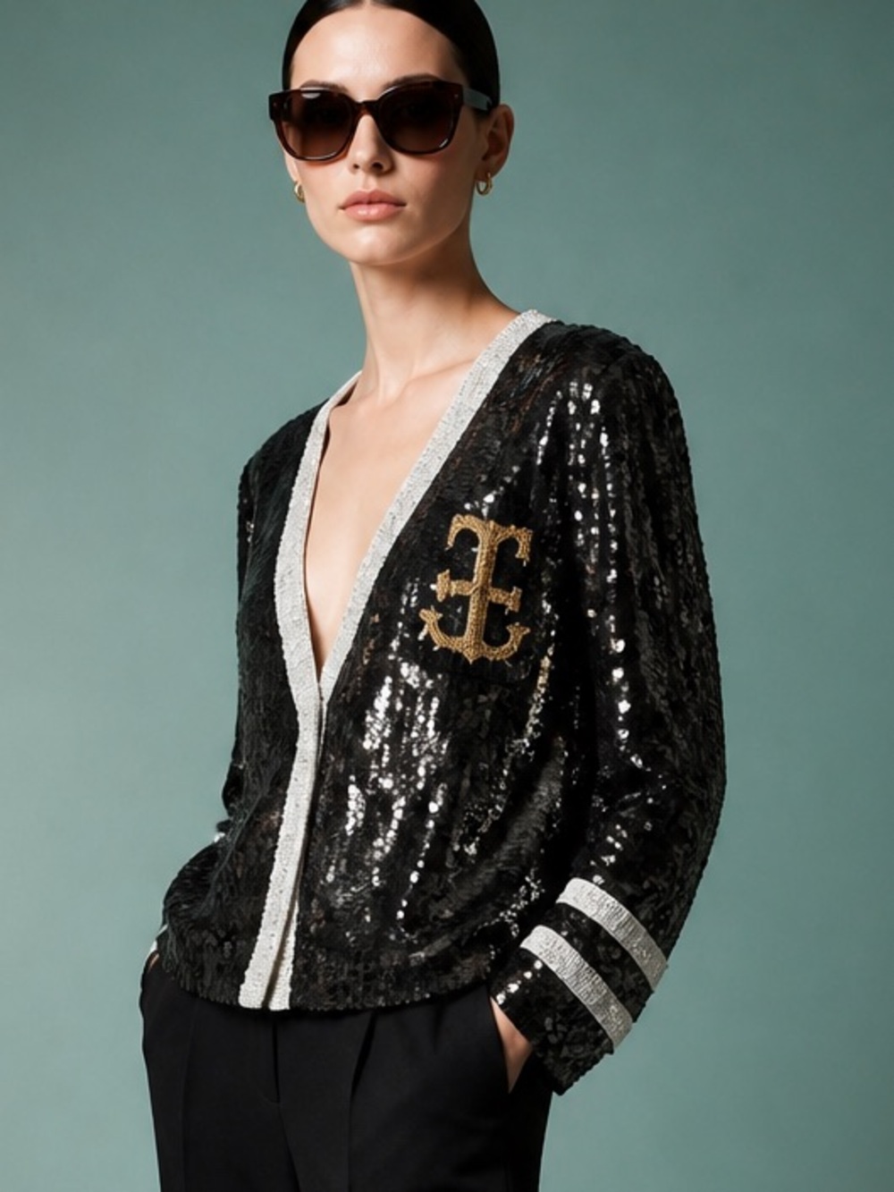 Vintage Brand Modi Navy Blue, Silk Sequin Jacket